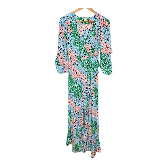River Island Ruffled Abstract-Print Pastel High-Low V-Neck Wrap Dress. Size 12. - Picture 14 of 14